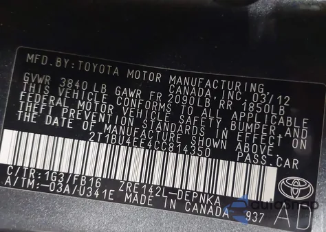 2012 Toyota Corolla Le z USA, uszkodzony, nr VIN 2T1BU4EE4CC814350